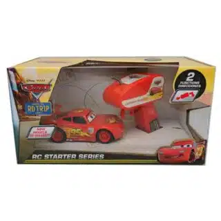 Photo d'une voiture télécommandé de Flash McQueen du dessin animé Cars dans sa boite avec sa télécommande 2 canaux.