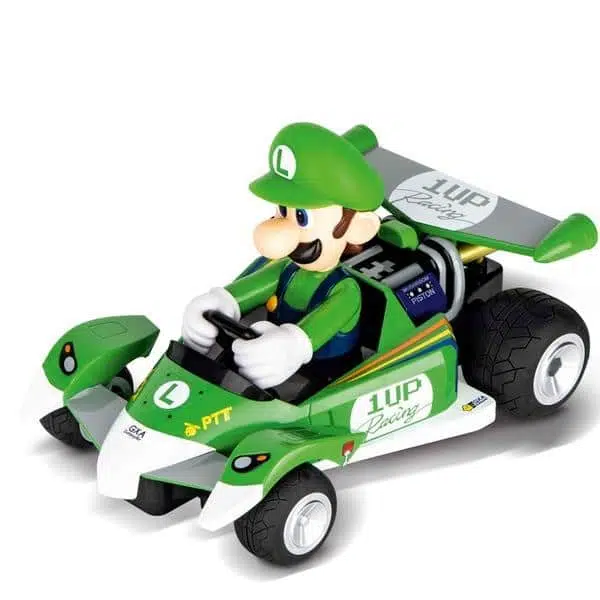 Photo d'une voiture télécommandée avec le personnage Luigi de mario