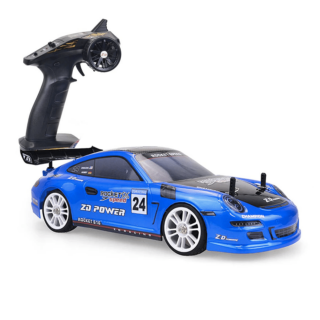 Photo d'une voiture de course de circuit télécommandée bleu avec sa manette.