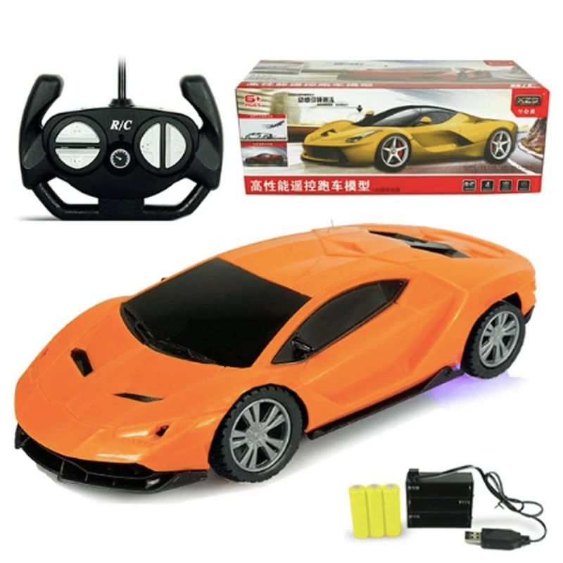 Photo d'une voiture télécommandé Lamborghini orange avec sa boite, la télécommande et la batterie.