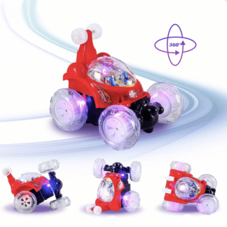 Photo d'une voiture télécommandée rouge qui peut réaliser des figures avec des roues LED.