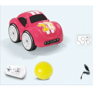 Photo d'une voiture télécommandée rose pour bébé avec sa manette, une balle et un cable