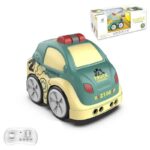 Photo d'une mini voiture télécommandé verte et jaune pour bébé avec sa boite et sa manette.