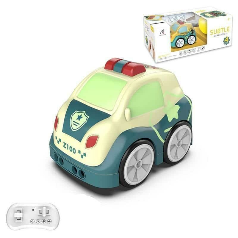 Photo d'une mini voiture télécommandé de police verte pour bébé avec sa boite et sa manette.